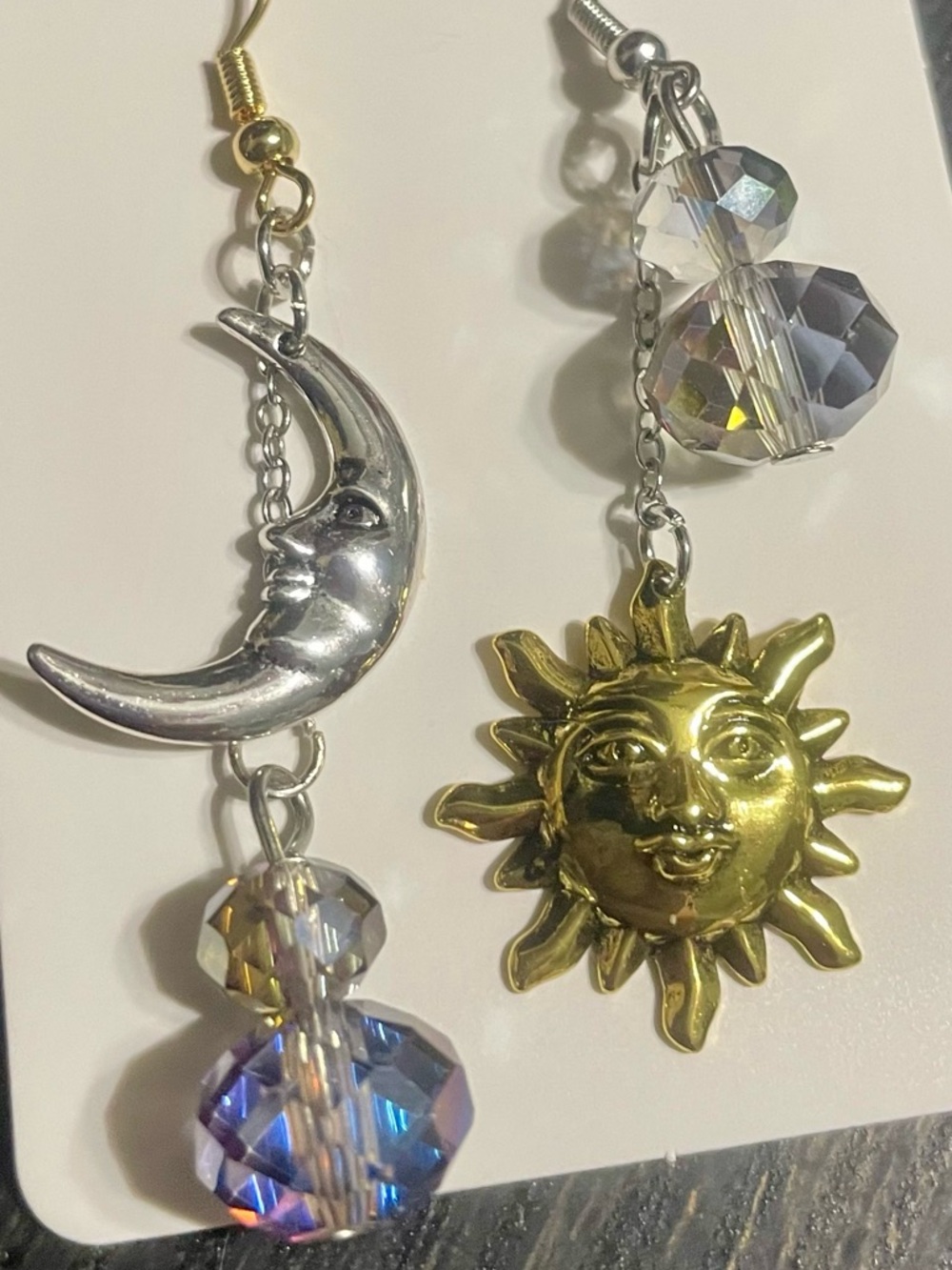 ❌❌SOLD❌❌Hand Crafted Gold Sun & Silver Moon Asymmetrical Dangle Earrings - Picture 3 of 7
